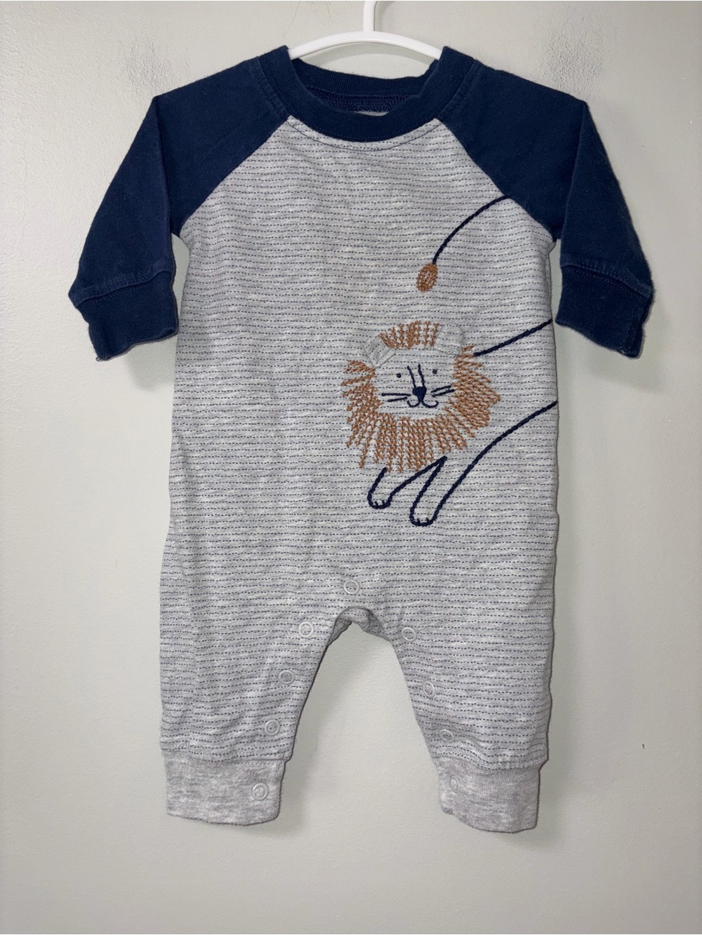 Just One You by Carters Gray Navy Striped Snap Romper Embroidered Lion Boys 3 M